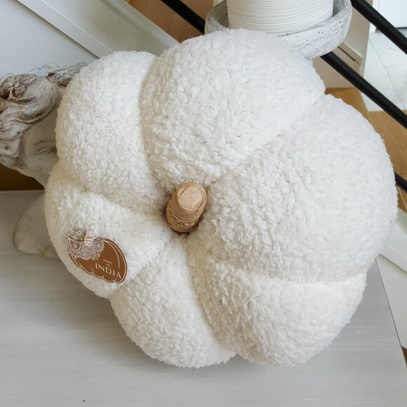 NEW! BOHO Large PLUMP SHERPA & WOOD PUMPKIN PILLOW - Picture 3 of 5